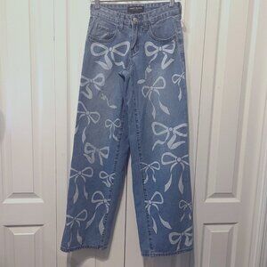Ashley Mason Premium Jeans/Denim With White Bows-Size 00/23 Jr's.-Wide Leg-Schoo